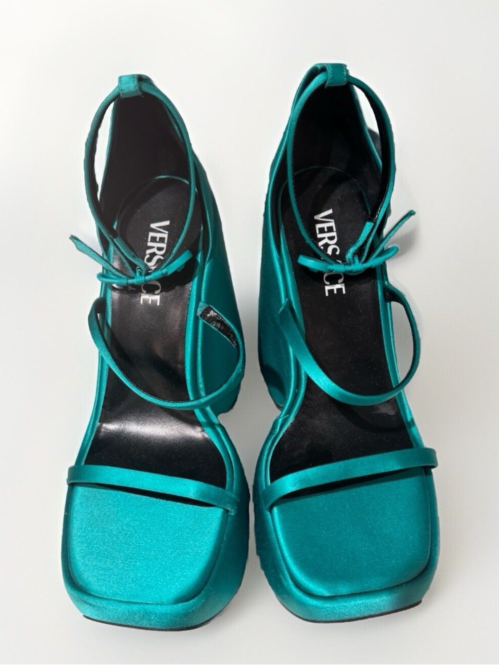 Versace Triplatform Sandal Medusa Safety Pin Buckle Emerald Satin & Leather
